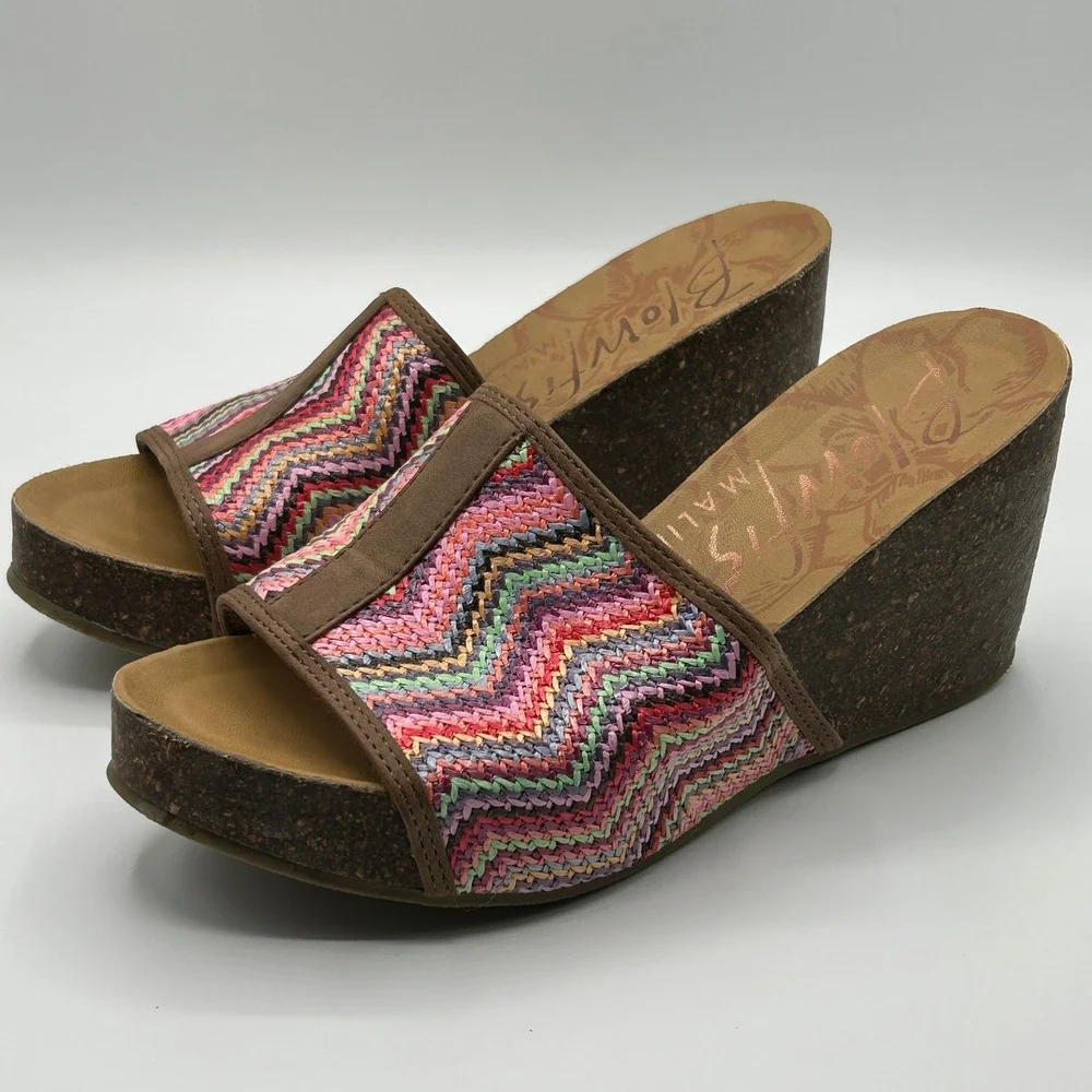 Blowfish Malibu B138 Multi Chevron Woven Cork Wedge Slide Sandals 8.5 Boho Retro